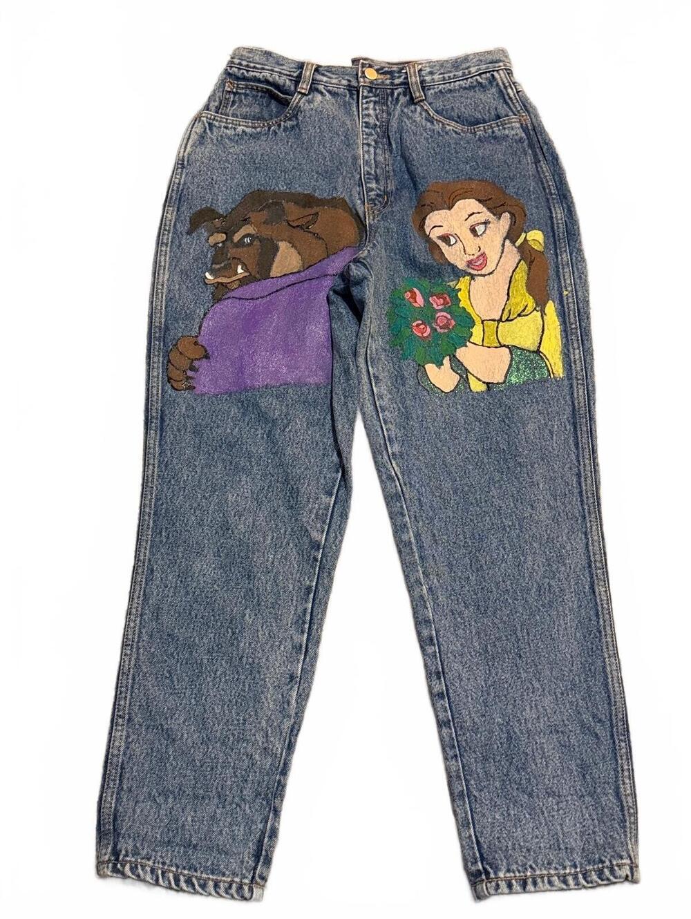 Vintage Bill Blass Petites Beauty and the Beast Hand Painted Jeans Size 10P